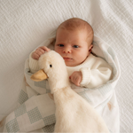 Baby wrapped in a blanket with a plush duck toy on a soft white background