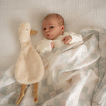 Newborn baby lying on a checkered blanket with Quacks the Comforter Toy