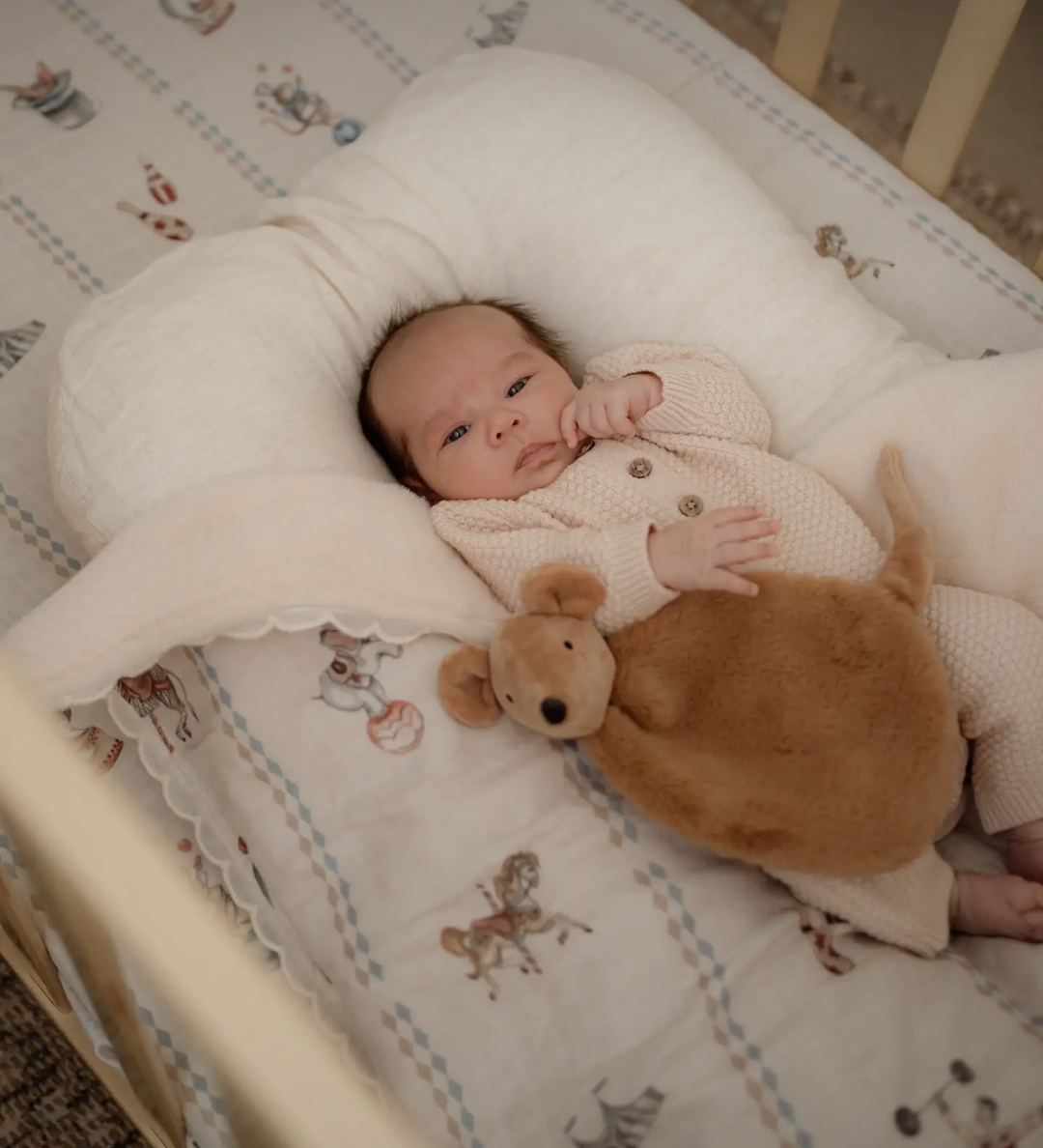 Newborn baby in a crib with a Squeaky the Sweet Comforter Toy surrounded by patterned bedding.