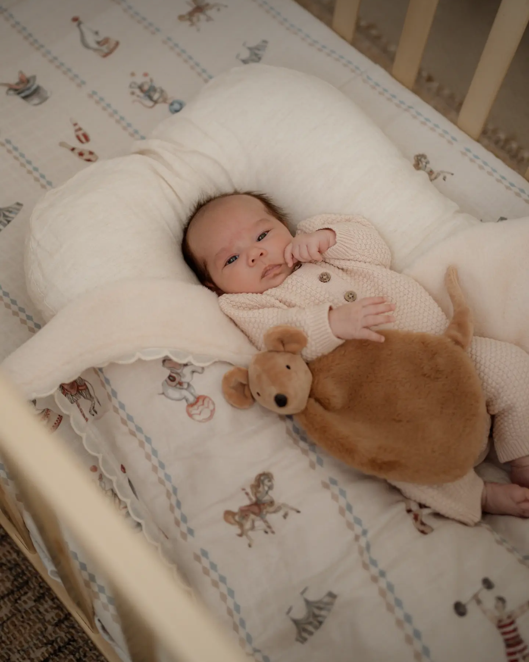 Newborn baby in a crib with a Squeaky the Sweet Comforter Toy surrounded by patterned bedding.