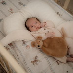 Newborn baby in a crib with a Squeaky the Sweet Comforter Toy surrounded by patterned bedding.