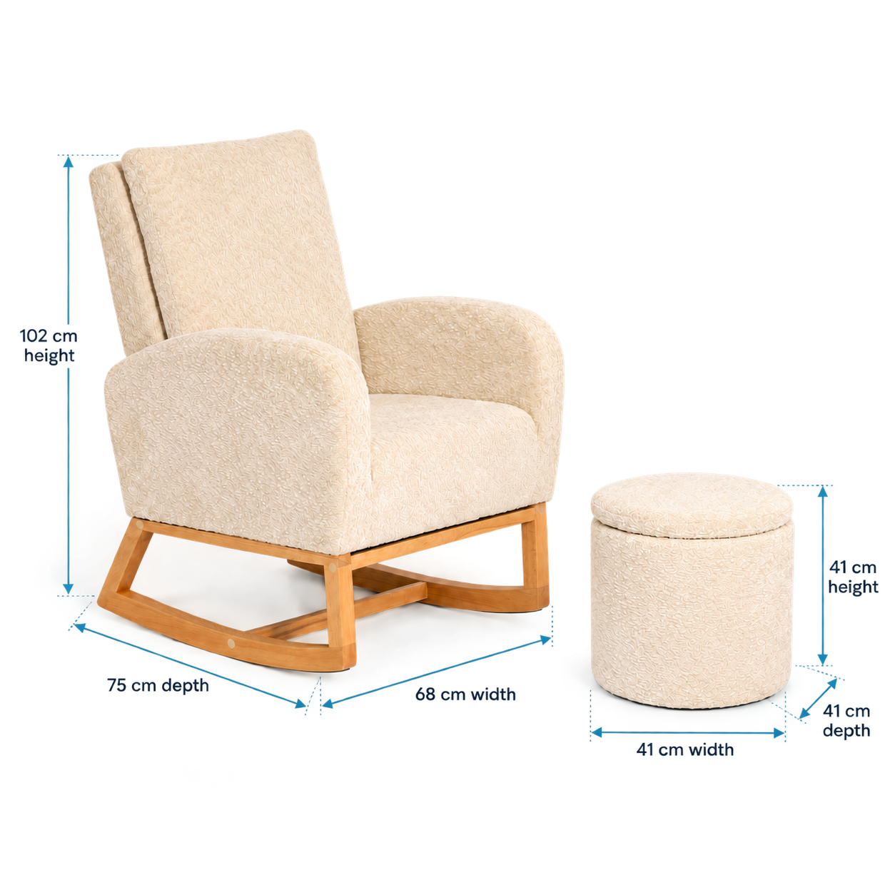 A cream bouclé rocking chair with a wooden base shown next to a matching cylindrical ottoman on a white background, with blue dimension lines and text indicating measurements.