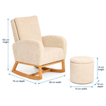 A cream bouclé rocking chair with a wooden base shown next to a matching cylindrical ottoman on a white background, with blue dimension lines and text indicating measurements.