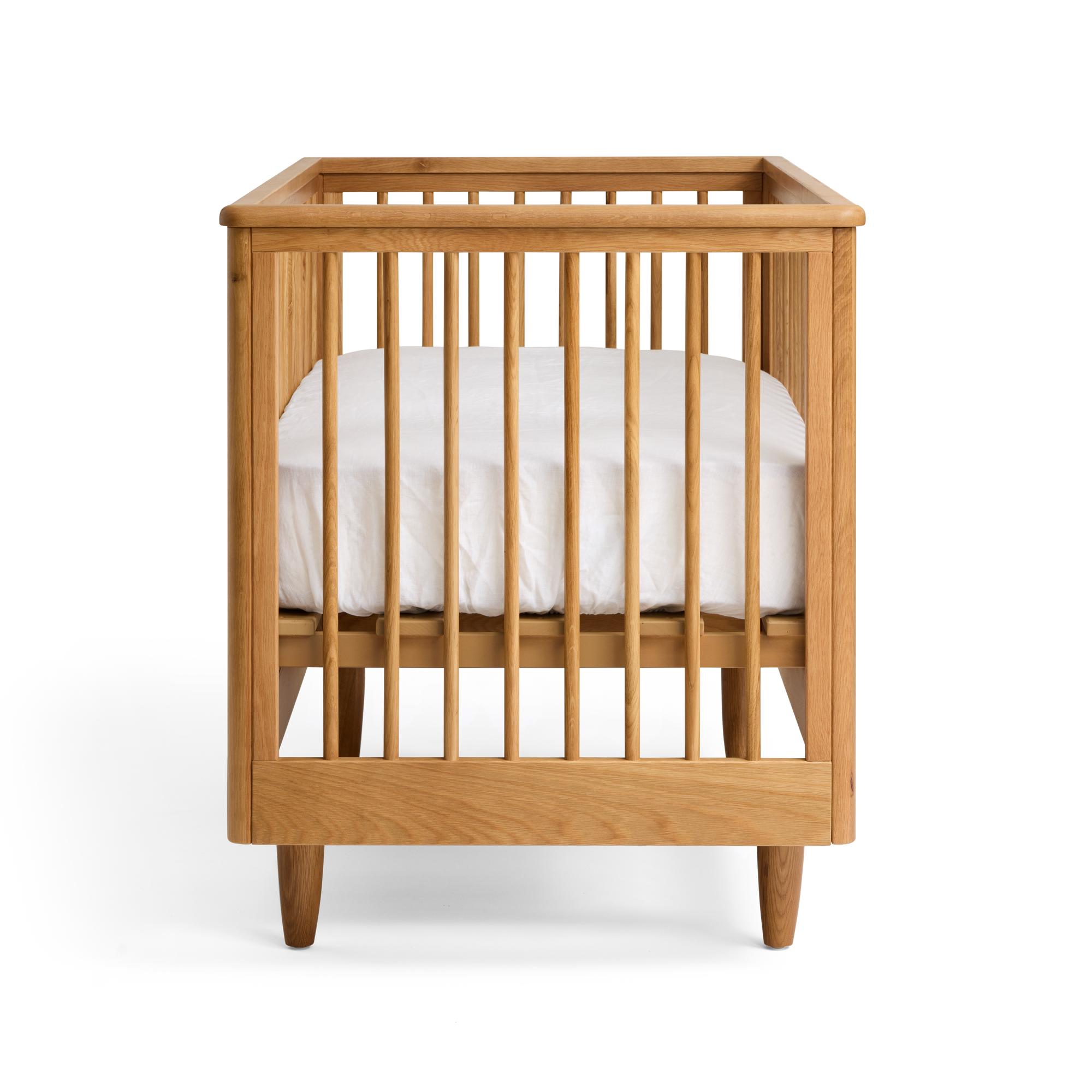 George Cot with a white mattress on a front view on a white background