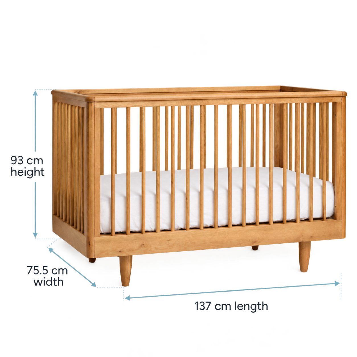 George Cot in Natural Oak with dimensions diagram: 93 cm height, 75.5 cm width, 137 cm length