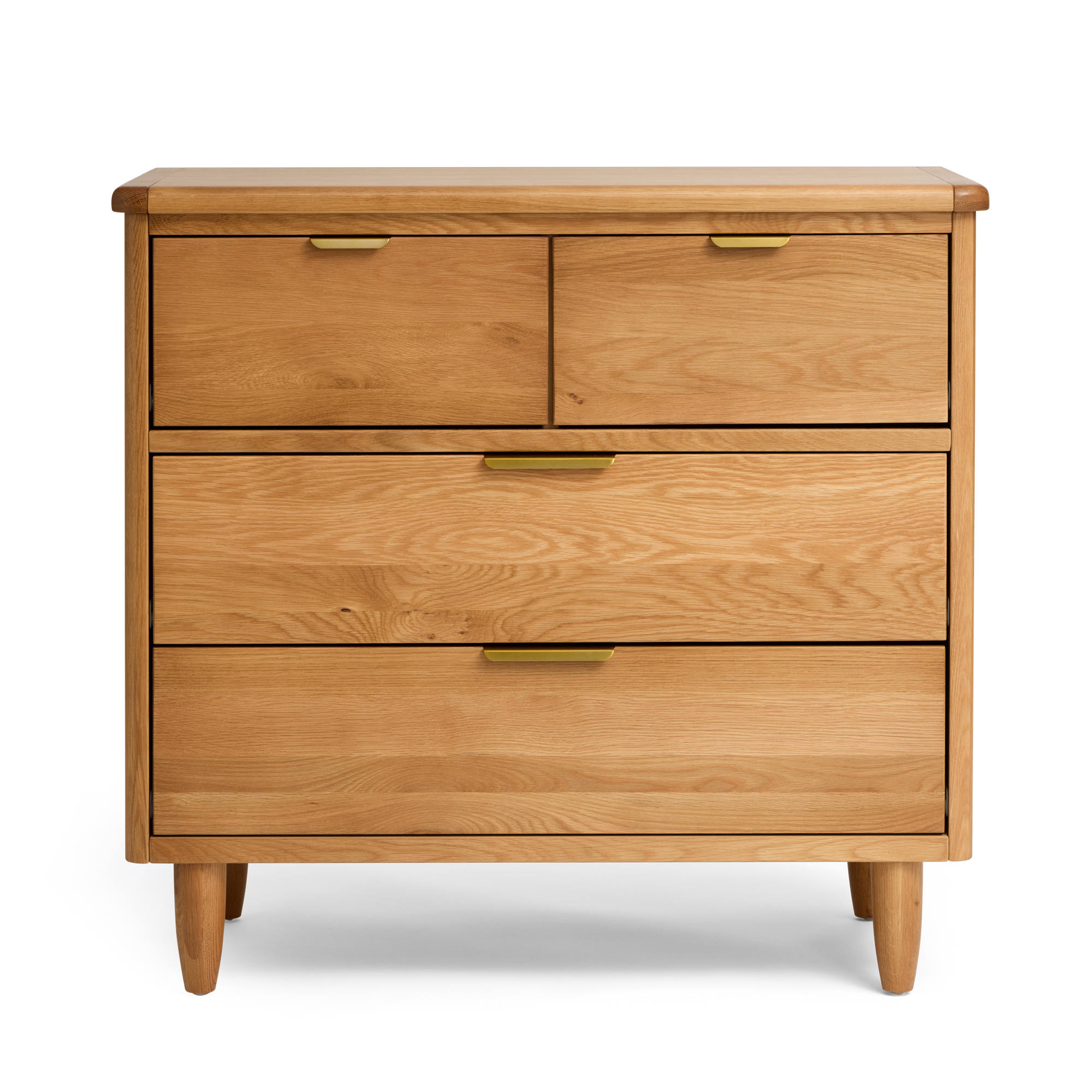 Wooden dresser with four drawers on a white background