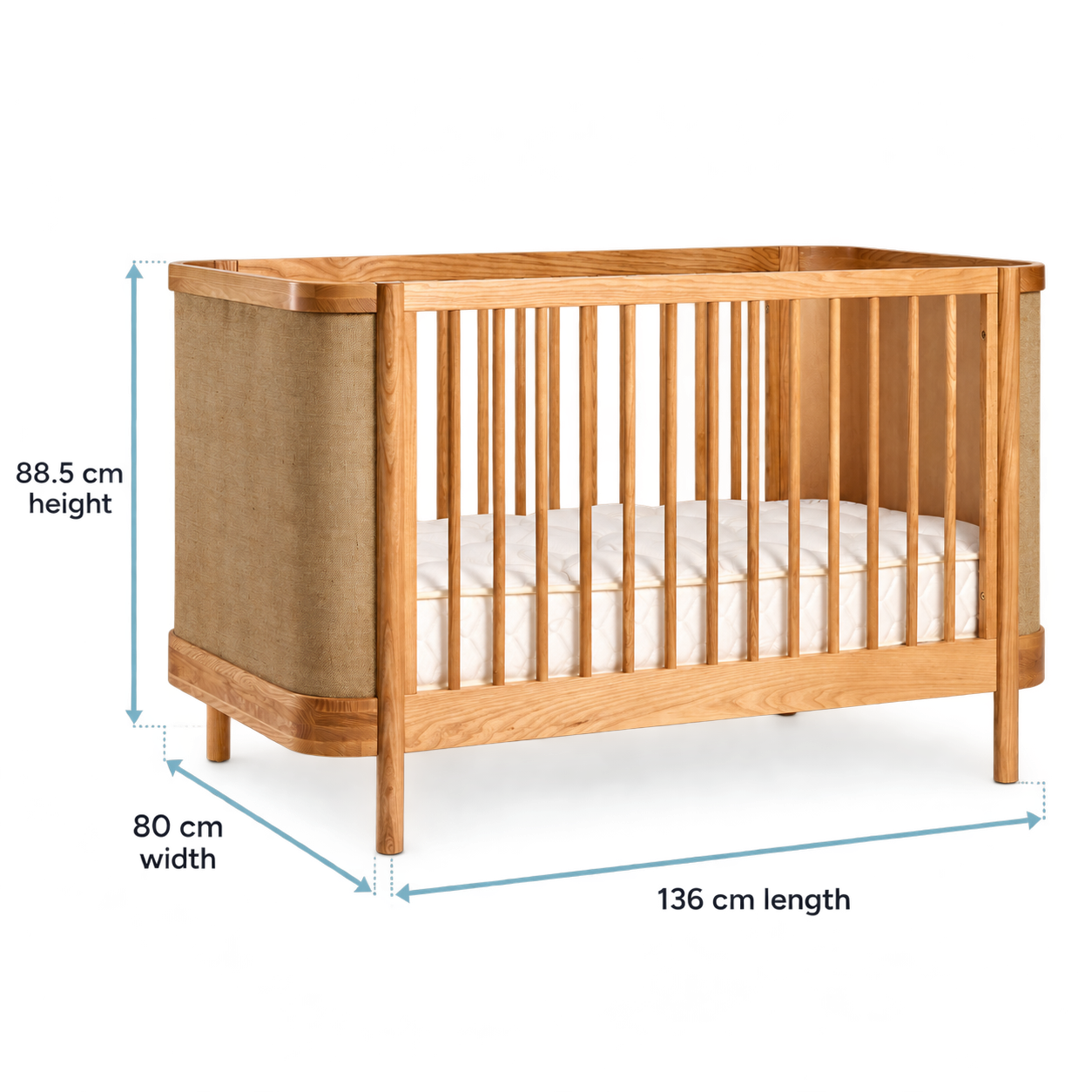 Indi Cot in Natural Ash with dimensions diagram: 88.5 cm height, 80 cm width, 136 cm length