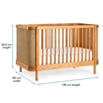 Indi Cot in Natural Ash with dimensions diagram: 88.5 cm height, 80 cm width, 136 cm length