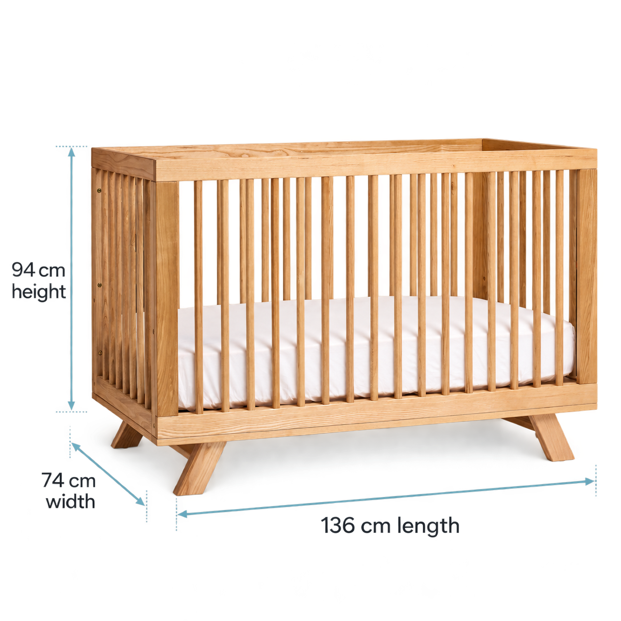 MacKenzie Cot in natural timber with dimensions diagram: 94 cm height, 74 cm width, 136 cm length