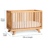 MacKenzie Cot in natural timber with dimensions diagram: 94 cm height, 74 cm width, 136 cm length