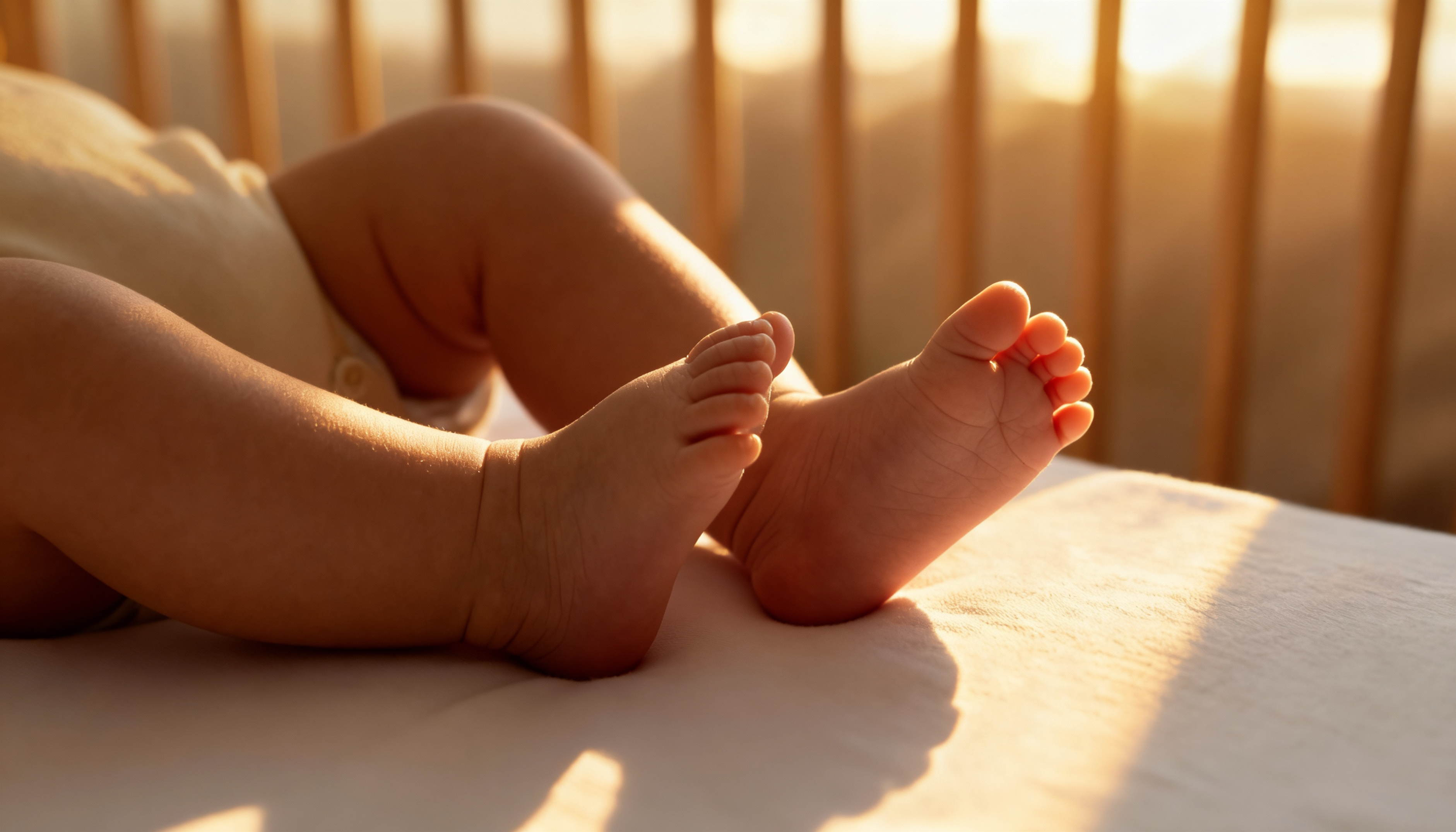 Feet of a baby lying on a mattress in the MacKenzie Cot.