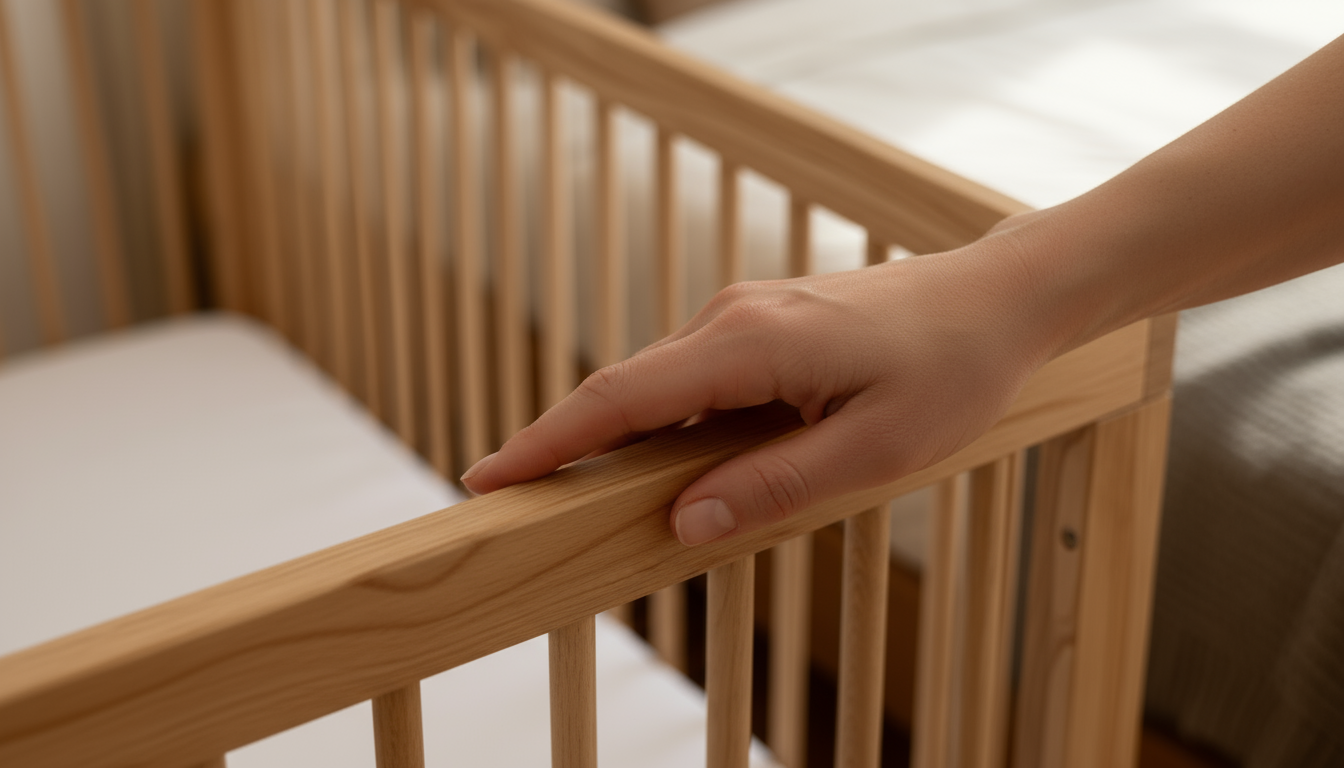 Hand touching a MacKenzie Cot rail with a blurred background